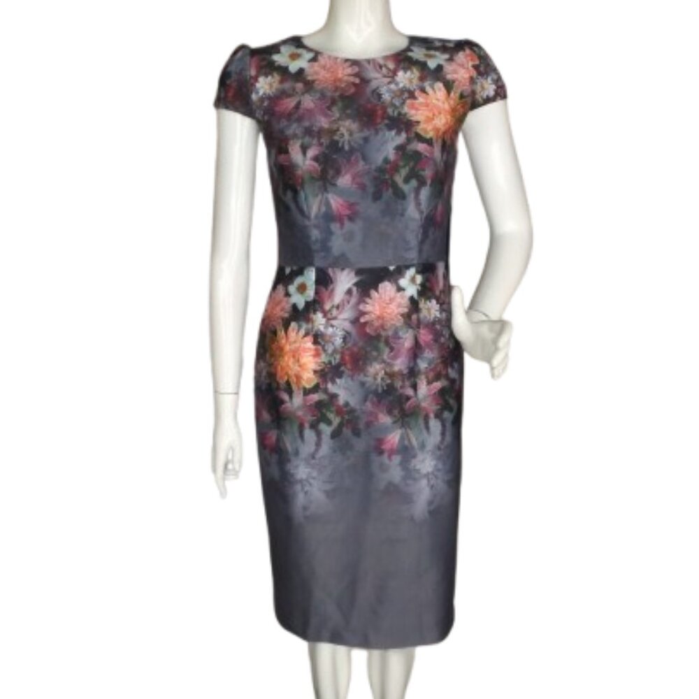 BETSEY JOHNSON Dress,  4, Gray/Multicolor Floral, Short sleeves, Sheath, Zip